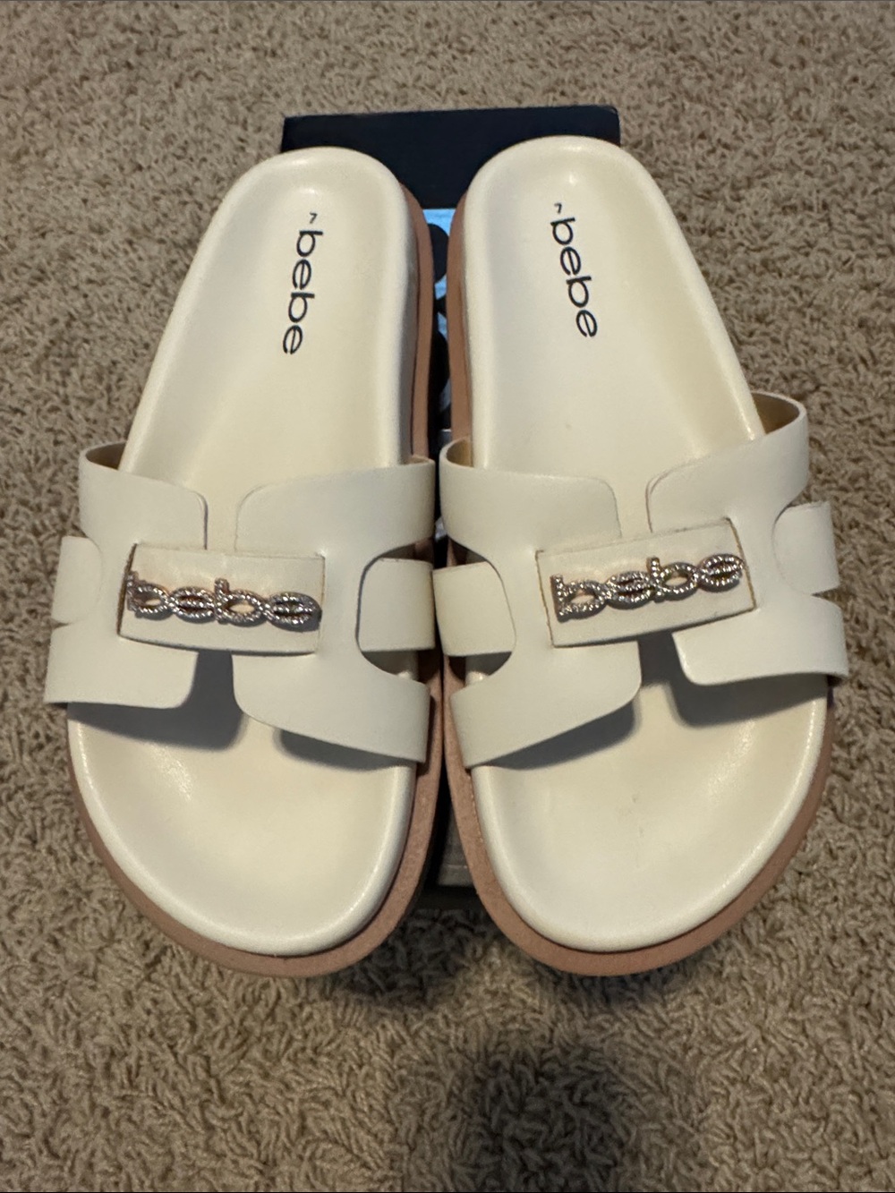 Bebe Slide Sandals with Gold Logo Accent